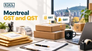 Montreal online store packing orders, with GST and QST sales tax labels for Quebec customers